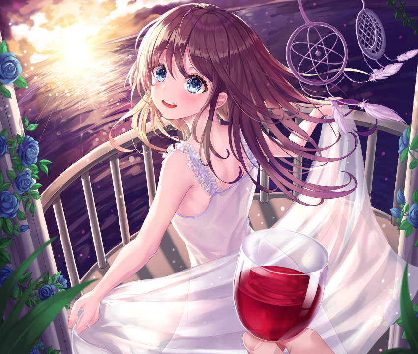 1girl absurdres alcohol bangs bare_arms bare_shoulders blue_eyes blue_flower blush brown_hair commentary cup dress eyebrows_visible_through_hair flower from_behind gongha highres holding holding_cup long_hair ocean original sleeveless sleeveless_dress smile solo_focus standing sunrise sunset upper_teeth white_dress wine