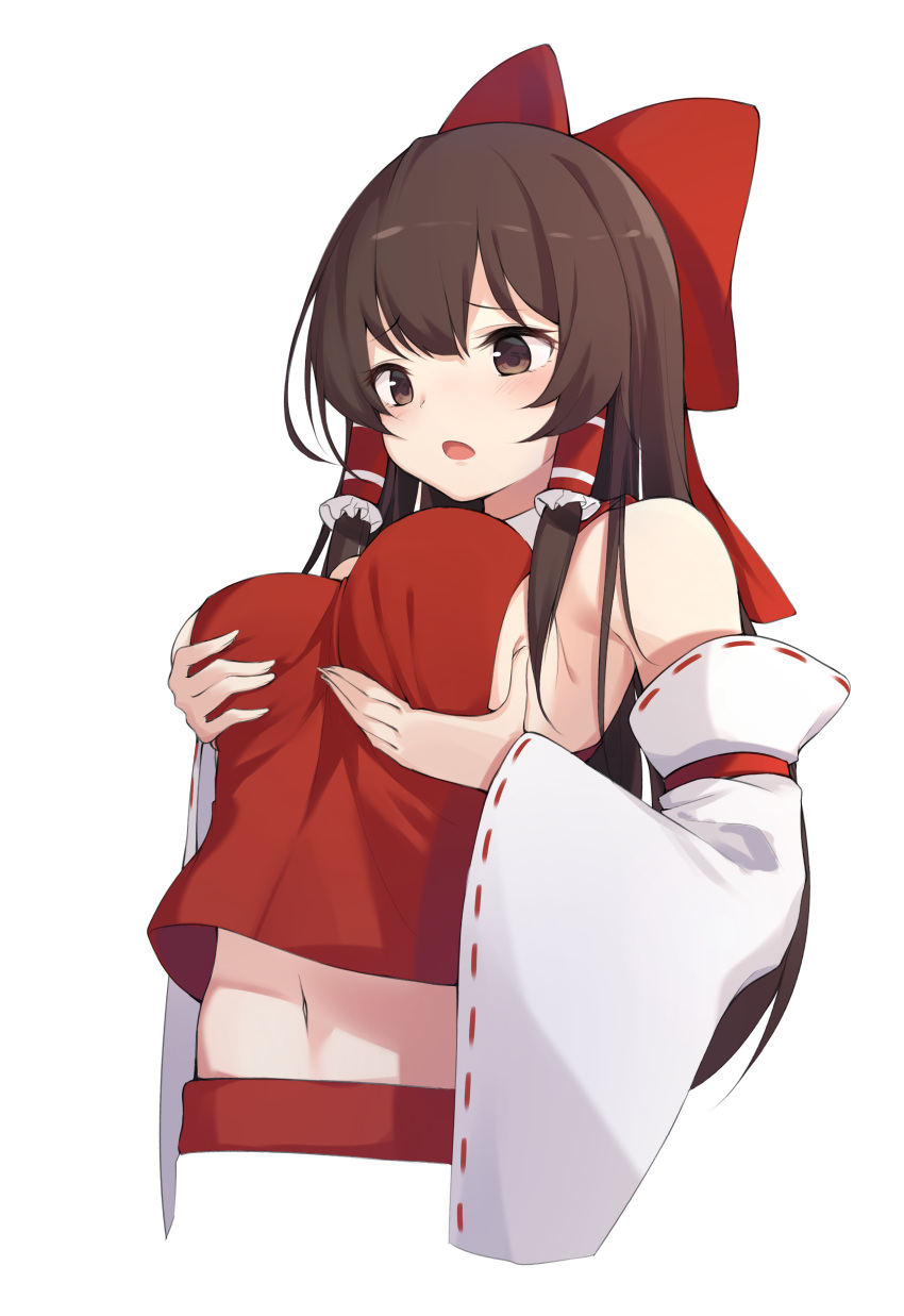 1girl :o absurdres alternate_breast_size bare_shoulders blush bow breast_conscious breast_lift breasts brown_eyes brown_hair cropped_torso detached_sleeves frills hair_bow hair_tubes hakurei_reimu highres large_bow large_breasts long_hair long_sleeves midriff navel open_mouth red_bow red_shirt ribbon-trimmed_sleeves ribbon_trim shirt sideboob sidelocks simple_background solo touhou upper_body white_background wide_sleeves z_loader