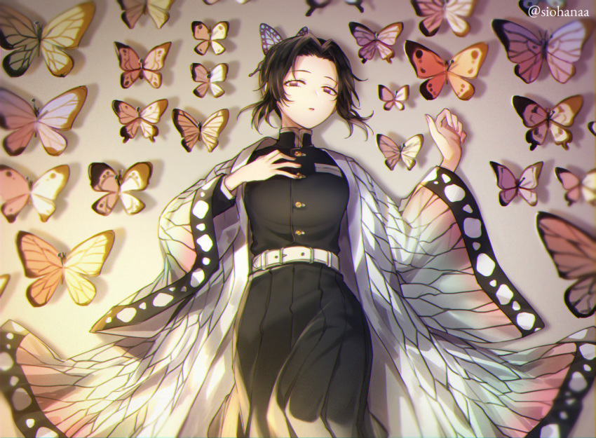 1girl belt belt_buckle black_hair black_pants black_shirt buckle bug butterfly feet_out_of_frame forehead from_above half-closed_eyes hand_on_own_chest haori highres insect japanese_clothes kimetsu_no_yaiba kochou_shinobu long_sleeves lying md5_mismatch on_back pants parted_lips shiobana shirt short_hair sidelocks solo twitter_username uniform violet_eyes wide_sleeves