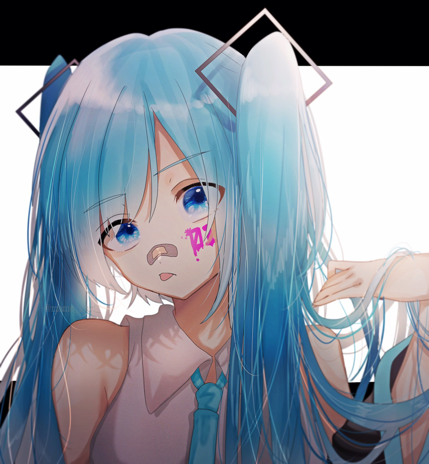 1girl aqua_neckwear bandaid bandaid_on_nose bare_shoulders black_sleeves blue_eyes blue_hair commentary detached_sleeves facial_tattoo hair_ornament hand_in_hair hand_up hatsune_miku highres letterboxed long_hair mame_kuri necktie shirt sleeveless sleeveless_shirt solo tattoo tongue tongue_out twintails very_long_hair vocaloid white_background white_shirt
