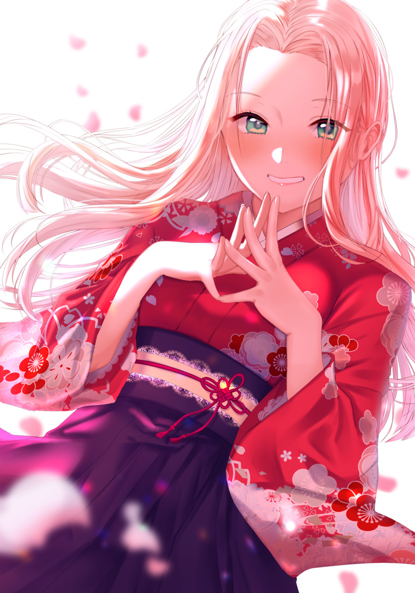 1girl alternate_costume black_hakama floating_hair floral_print green_eyes grin hair_intakes hakama haruno_sakura highres japanese_clothes kimono long_hair long_sleeves looking_at_viewer naruto_(series) pink_hair print_kimono red_kimono red_ribbon ribbon shiny shiny_hair smile solo superdiviatomic very_long_hair white_background wide_sleeves