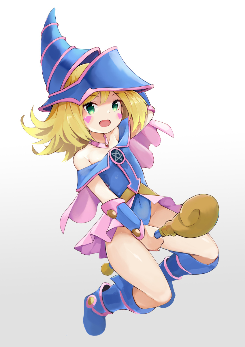 1girl :d absurdres arm_up bare_shoulders between_legs blonde_hair blue_footwear blue_headwear blue_leotard blush boots cape covered_navel dark_magician_girl duel_monster facial_mark full_body gradient gradient_background green_eyes grey_background groin hat highres holding holding_wand knee_boots leotard long_hair looking_at_viewer open_mouth piliheros2000 pink_cape smile solo wand white_background wizard_hat yuu-gi-ou yuu-gi-ou_duel_monsters