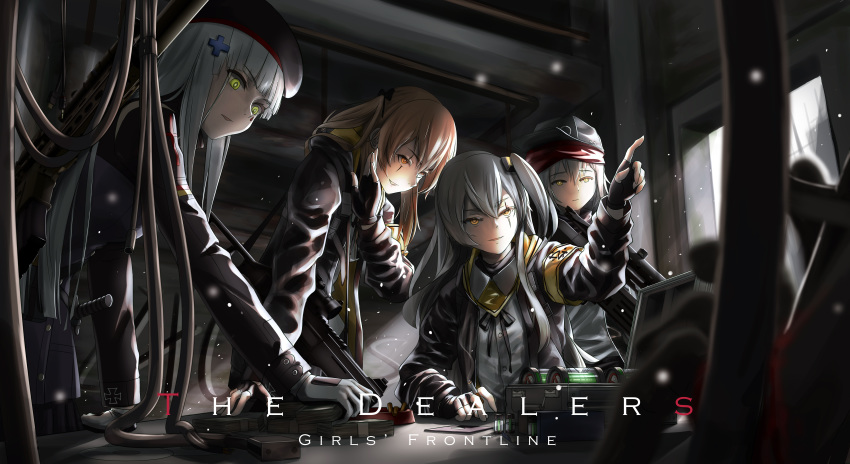 404_(girls_frontline) 4girls absurdres ashtray assault_rifle beret black_gloves black_jacket brown_eyes brown_hair cigarette collared_shirt commentary_request fingerless_gloves g11_(girls_frontline) girls_frontline gloves green_eyes grey_hair grin gun h&amp;k_hk416 hair_between_eyes hat highres hk416_(girls_frontline) holding_money indoors iron_cross jacket long_hair lu_(pixiv20967832) money multiple_girls rifle scar scar_across_eye shirt side_ponytail silver_hair smile submachine_gun teardrop ump45_(girls_frontline) ump9_(girls_frontline) weapon white_gloves white_shirt yellow_eyes