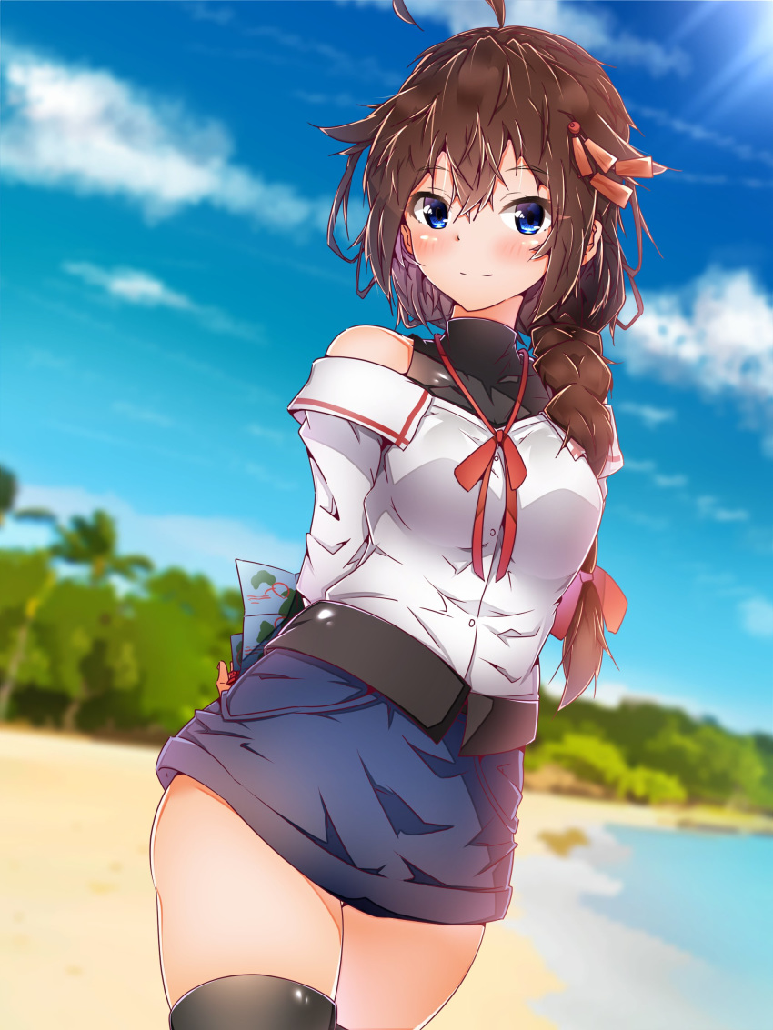 1girl absurdres ahoge alternate_costume arms_behind_back beach blue_eyes blue_sky blush braid brown_hair clouds cowboy_shot day eyebrows_visible_through_hair hair_between_eyes hair_flaps harukawa_(hal501) highres holding holding_map kantai_collection long_hair long_sleeves map ocean palm_tree remodel_(kantai_collection) shigure_(kantai_collection) single_braid sky smile solo tree