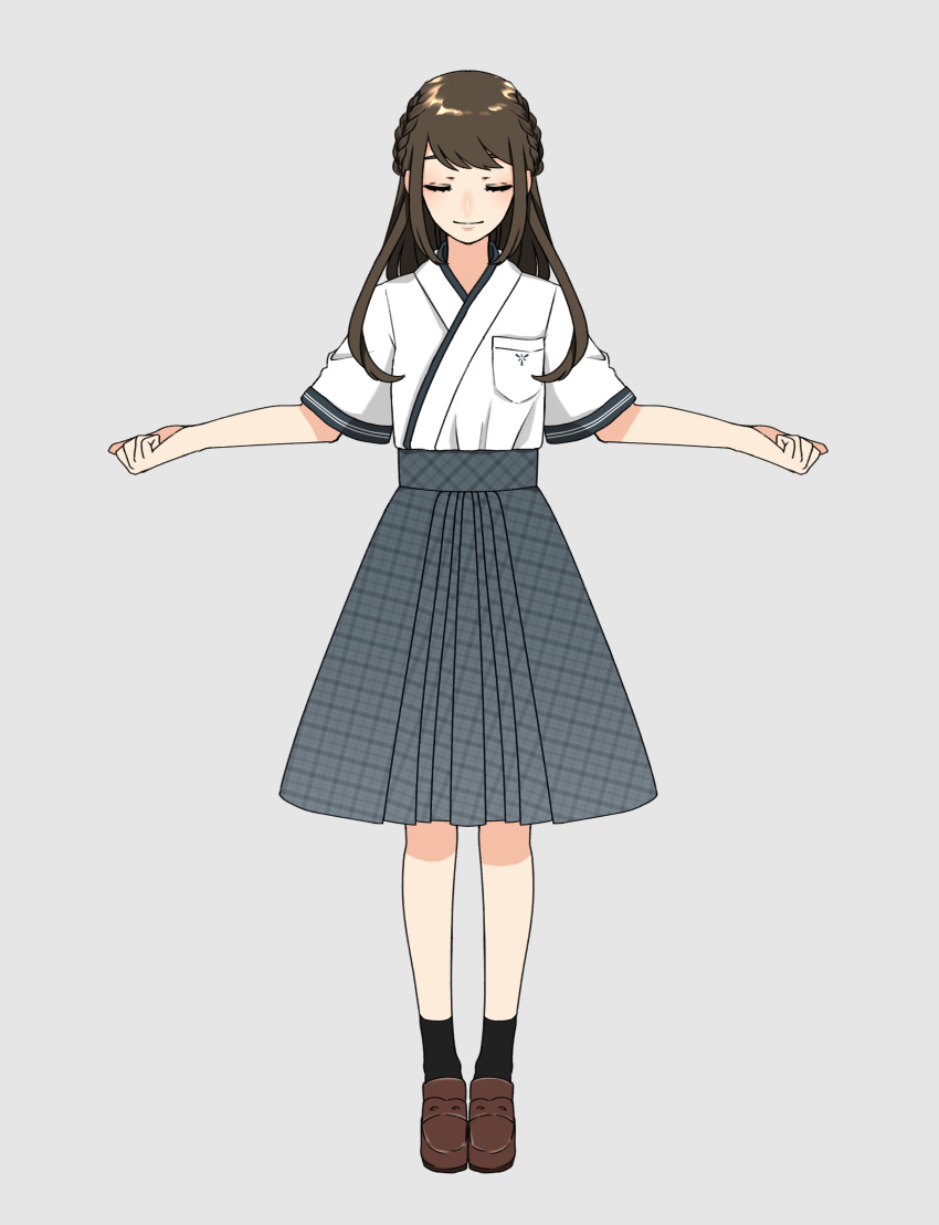 1girl absurdres bangs black_legwear braid breast_pocket brown_footwear brown_hair closed_eyes closed_mouth facing_viewer full_body grey_background grey_skirt half_updo hanatsuki highres loafers long_hair original outstretched_arms pleated_skirt pocket school_uniform shoes short_sleeves simple_background skirt smile socks solo standing unmoving_pattern