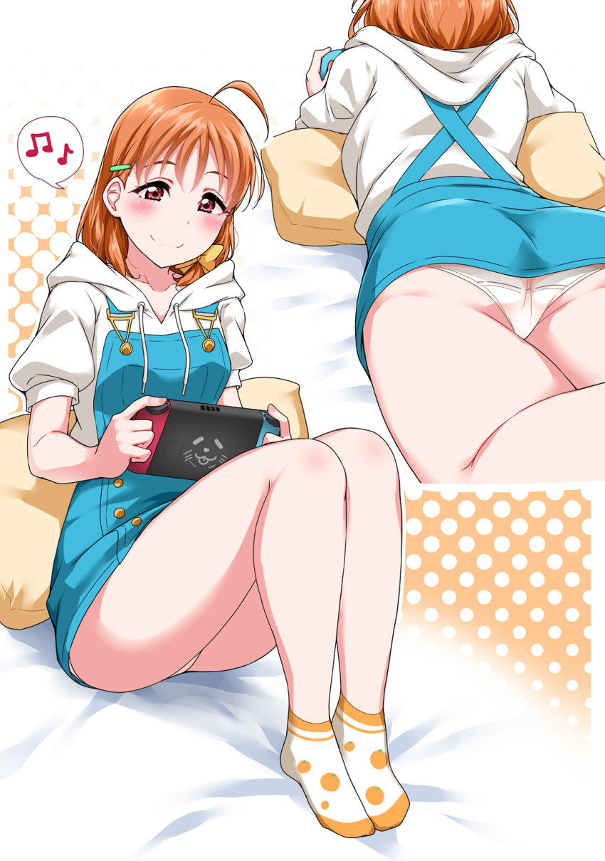 1girl antenna_hair bangs bed bed_sheet blush bow collarbone from_behind hair_bow hair_ornament hairclip handheld_game_console highres hood hoodie love_live! love_live!_sunshine!! lying medium_hair multiple_views musical_note nintendo_switch on_bed on_pillow on_stomach panties pantyshot pantyshot_(lying) pantyshot_(sitting) pillow polka_dot polka_dot_background red_eyes short_sleeves sitting sitting_on_bed skirt smile socks speech_bubble suspender_skirt suspenders sweater takami_chika two-tone_legwear underwear white_panties white_sweater yellow_bow yopparai_oni