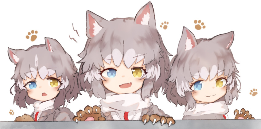 3girls :3 :d :o animal_ear_fluff animal_ears blue_eyes claws commentary dog_(mixed_breed)_(kemono_friends) dog_ears eyebrows_visible_through_hair fang gloves grey_hair heterochromia kemono_friends looking_at_viewer multicolored_hair multiple_girls multiple_persona open_mouth paw_gloves paw_print paws short_hair simple_background skin_fang smile two-tone_hair white_background white_hair yellow_eyes