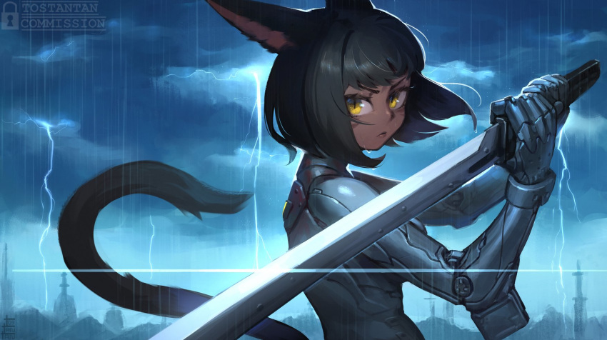 1girl animal_ears artist_name black_hair cat_ears cat_tail commission cyberpunk cyborg dark_skin final_fantasy final_fantasy_xiv highres holding holding_sword holding_weapon lightning_bolt looking_at_viewer miqo'te rain robot_joints slit_pupils solo sword tail tostantan weapon yellow_eyes
