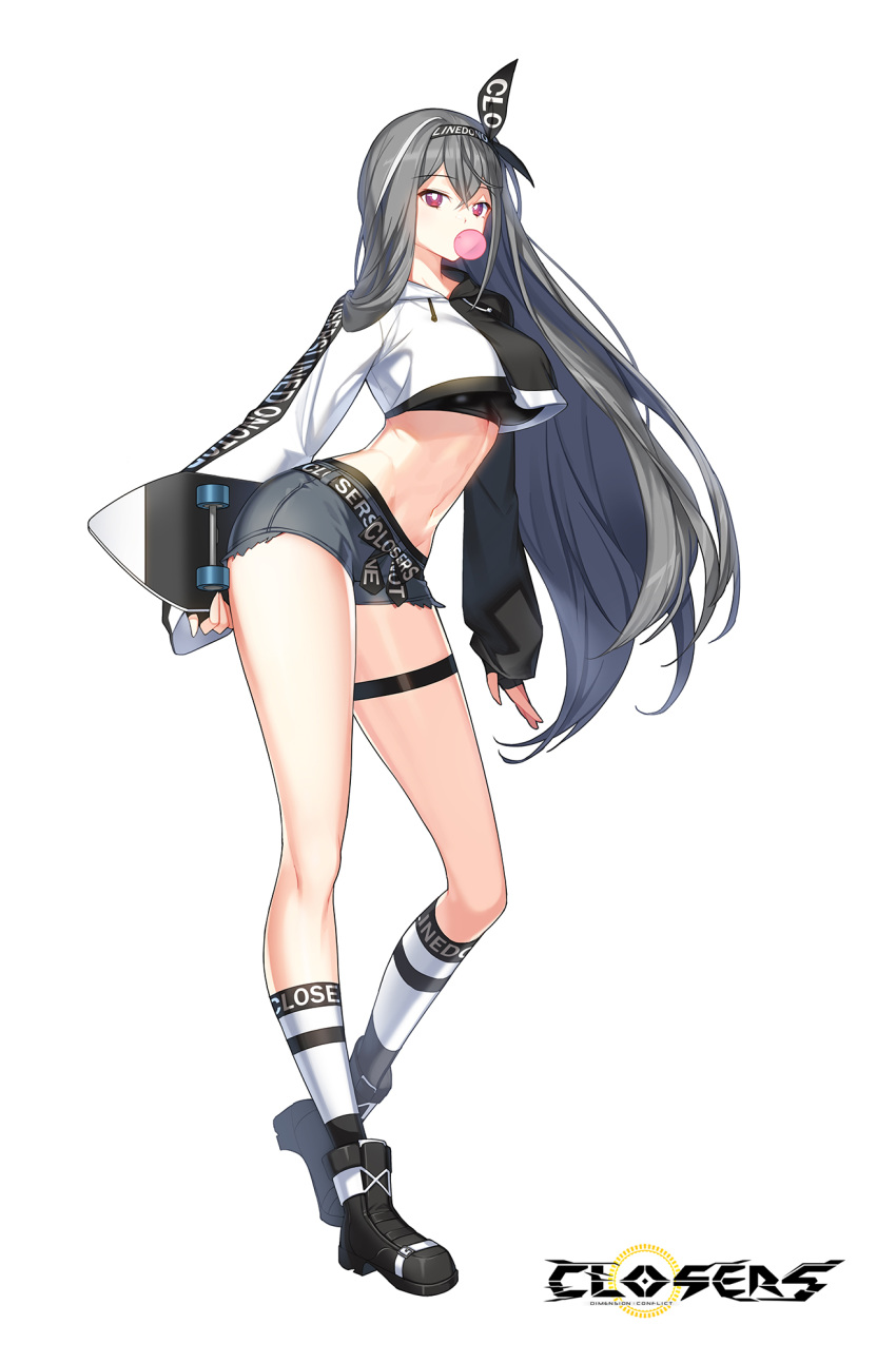1girl belt black_footwear black_gloves boots breasts bubble_blowing closers clothes_writing contrapposto crop_top crop_top_overhang cutoffs drawstring fingerless_gloves full_body gloves grey_hair grey_shorts hairband highres holding kneehighs large_breasts long_hair long_sleeves looking_at_viewer midriff mirae_(closers) multicolored_hair navel official_art red_eyes shirt short_shorts shorts skateboard solo standing stomach streaked_hair thigh_strap thighs two-tone_shirt undershirt very_long_hair white_legwear