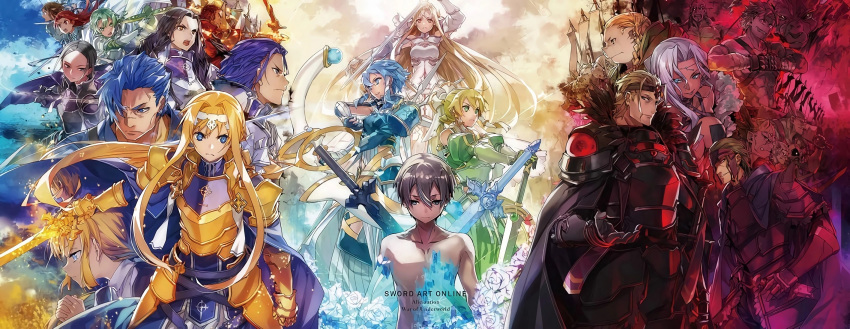 abec alice_schuberg aqua_eyes aqua_hair asuna_(sao) bercouli_(sao) blonde_hair blue_eyes blue_hair bow_(weapon) brown_eyes brown_hair eugeo fanatio_synthesis_two green_eyes hair_ornament hairclip highres kirito leafa long_hair opposing_sides pointy_ears ponytail quinella ronye_arabel short_hair sinon sword sword_art_online sword_art_online_alicization tiese_schtrinen very_long_hair weapon