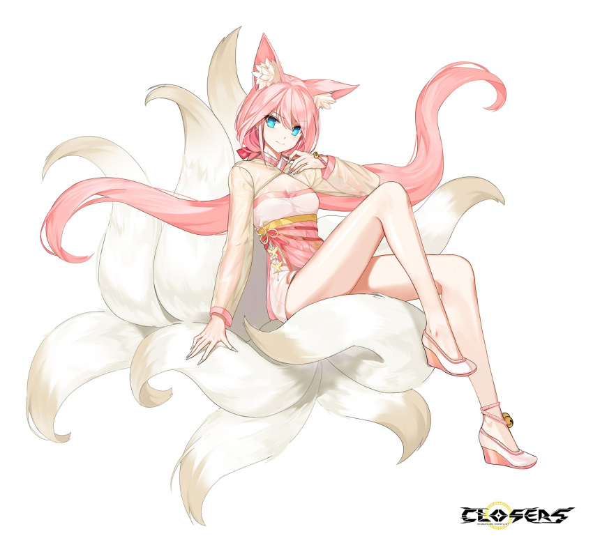 1girl animal_ear_fluff animal_ears bare_legs blue_eyes closers dress fox_ears fox_tail full_body high_heels highres knee_up kumiho long_hair long_sleeves looking_at_viewer low_twintails multiple_tails official_art pink_dress pink_hair see-through_sleeves seulbi_lee smile solo tail thighs twintails very_long_hair wedge_heels