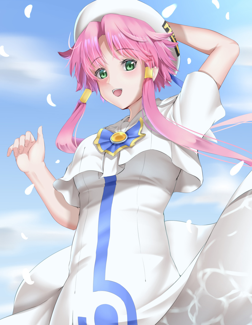 1girl :d absurdres aria blue_sky blush clouds dress dress_lift floating_hair green_eyes hair_intakes hair_tubes hand_on_headwear hat highres kamehito looking_at_viewer mizunashi_akari open_mouth petals pink_hair shiny shiny_hair short_hair_with_long_locks short_sleeves sidelocks sky smile solo standing white_dress white_headwear wind wind_lift