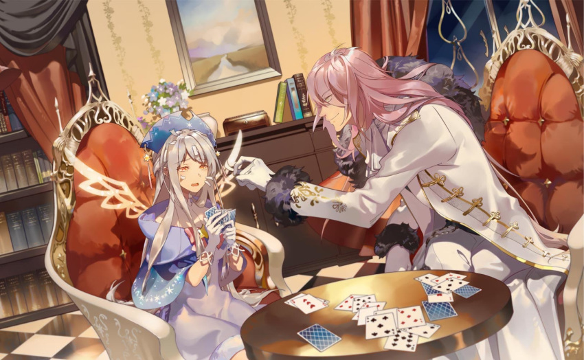 1boy 1girl angel_wings bangs blunt_bangs bookshelf bow capelet card champagne_(food_fantasy) dress fondant_cake_(food_fantasy) food_fantasy formal gloves hat highres holding holding_card long_hair pink_hair playing_card red_eyes sidelocks sitting smile suit table white_hair white_suit wings