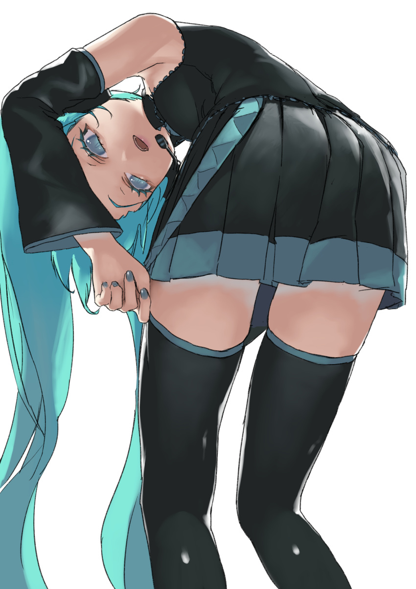 1girl adjusting_clothes adjusting_legwear bad_id bad_pixiv_id bent_over black_legwear black_shirt black_skirt black_sleeves blue_eyes blue_hair blue_nails breasts detached_sleeves from_behind hatsune_miku headset highres long_hair long_sleeves microphone miniskirt nail_polish open_mouth pleated_skirt rsk_(tbhono) shirt simple_background skirt sleeveless sleeveless_shirt small_breasts solo standing thigh-highs twintails very_long_hair vocaloid white_background