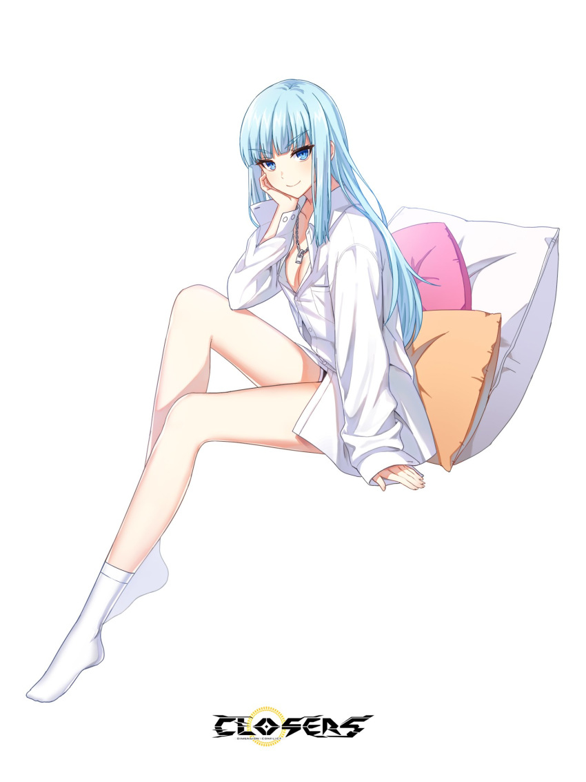 1girl blue_eyes blue_hair breasts closers collared_shirt full_body hand_on_own_cheek highres invisible_chair jewelry knee_up long_hair long_legs long_sleeves looking_at_viewer medium_breasts necklace official_art partially_unbuttoned pillow shirt short_shorts shorts sitting smile socks solo thighs v-shaped_eyebrows violet_(closers) white_legwear white_shirt