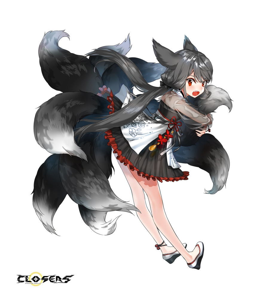 1girl :o animal_ears bare_legs black_dress black_hair closers dress fox_ears fox_tail frilled_dress frills full_body highres kumiho leaning_forward long_hair long_sleeves looking_at_viewer low_twintails multiple_tails official_art open_mouth red_eyes see-through_sleeves seth_(closers) shoes solo tail tail_hug twintails very_long_hair white_footwear