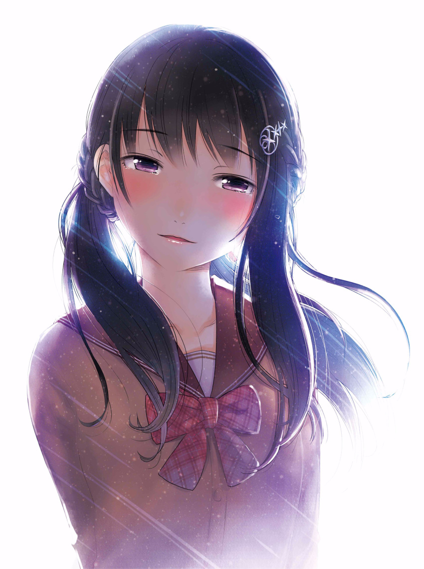 1girl absurdres backlighting bangs black_hair blush braid cardigan collarbone eyebrows_visible_through_hair hair_ornament hattori_mitsuru highres kimi_wa_hitori_janai_jan_to_boku_no_naka_no_hitori_ga_itta light lips long_hair looking_at_viewer novel_illustration official_art parted_lips plaid plaid_neckwear sailor_collar school_uniform simple_background solo sweater tears upper_body violet_eyes white_background