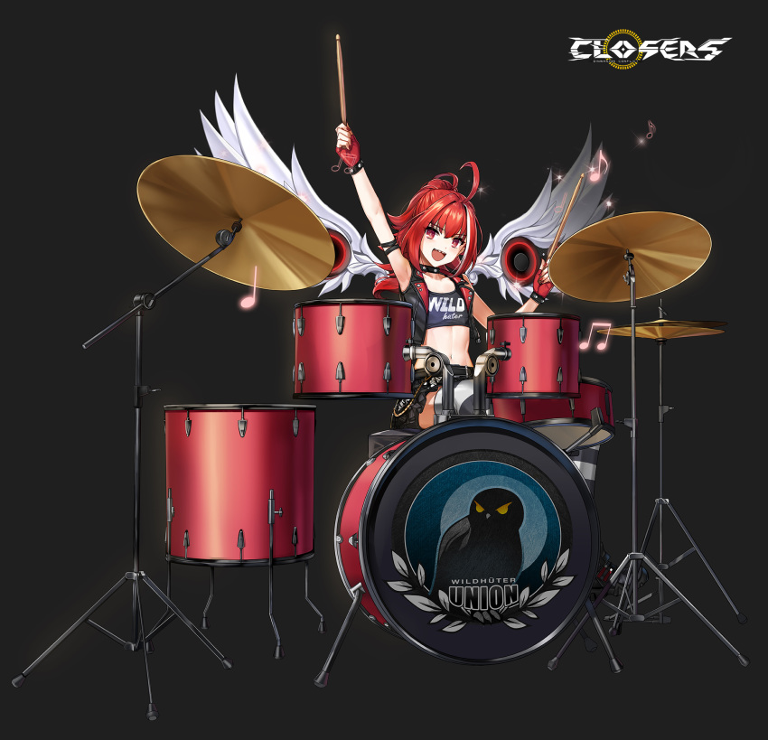 1girl :d ahoge angel_wings arm_strap arm_up armpits bare_shoulders belt bike_shorts black_shirt black_skirt black_vest choker closers clothes_writing collarbone crop_top cropped_vest drum drum_set drumsticks fingerless_gloves gloves highres holding instrument long_hair looking_at_viewer midriff miniskirt multicolored_hair musical_note nail_polish navel official_art open_mouth ponytail red_eyes red_gloves red_nails redhead seth_(closers) sharp_teeth shirt shorts shorts_under_skirt sitting skirt sleeveless sleeveless_shirt slit_pupils smile solo stomach streaked_hair striped striped_legwear teeth thigh-highs vest wings