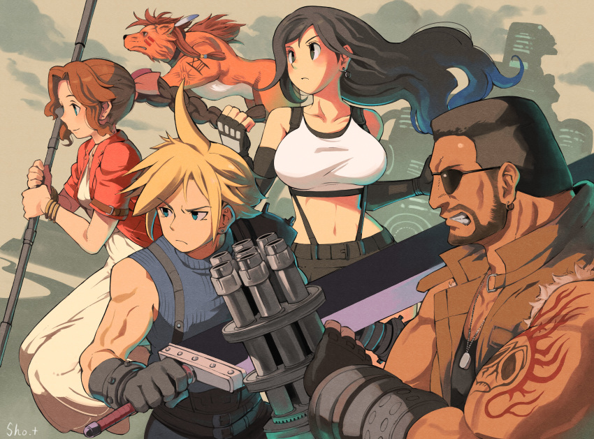 2girls 3boys absurdres aerith_gainsborough arm_cannon arm_tattoo barret_wallace beard biceps black_hair blonde_hair buster_sword clenched_teeth cloud_strife cropped_jacket dog_tags dress elbow_gloves facial_hair final_fantasy final_fantasy_vii final_fantasy_vii_remake fingerless_gloves gatling_gun gloves highres jacket multiple_boys multiple_girls red_jacket red_xiii redhead serious sho.t staff stomach sunglasses suspenders sword tank_top tattoo teeth tifa_lockhart torn_clothes torn_sleeves weapon