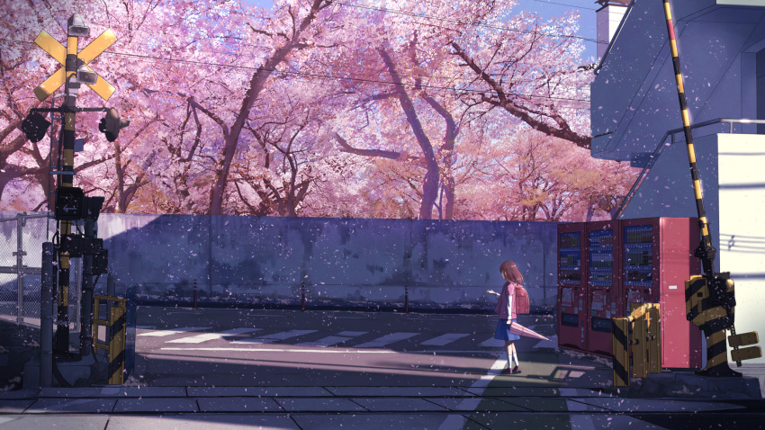 1girl 5_centimeters_per_second anyotete bag blue_skirt blue_sky brown_hair building chain-link_fence cherry_blossoms commentary_request crosswalk falling_petals fence from_side full_body highres holding holding_umbrella house kneehighs layered_shirt medium_hair outdoors pavement pedestrian_lights pink_shirt power_lines railing railroad_crossing railroad_signal railroad_tracks road road_sign scenery school_bag shadow shinohara_akari shirt shoes sidewalk sign skirt sky solo stairs standing street traffic_light tree umbrella vending_machine wall white_legwear wide_shot