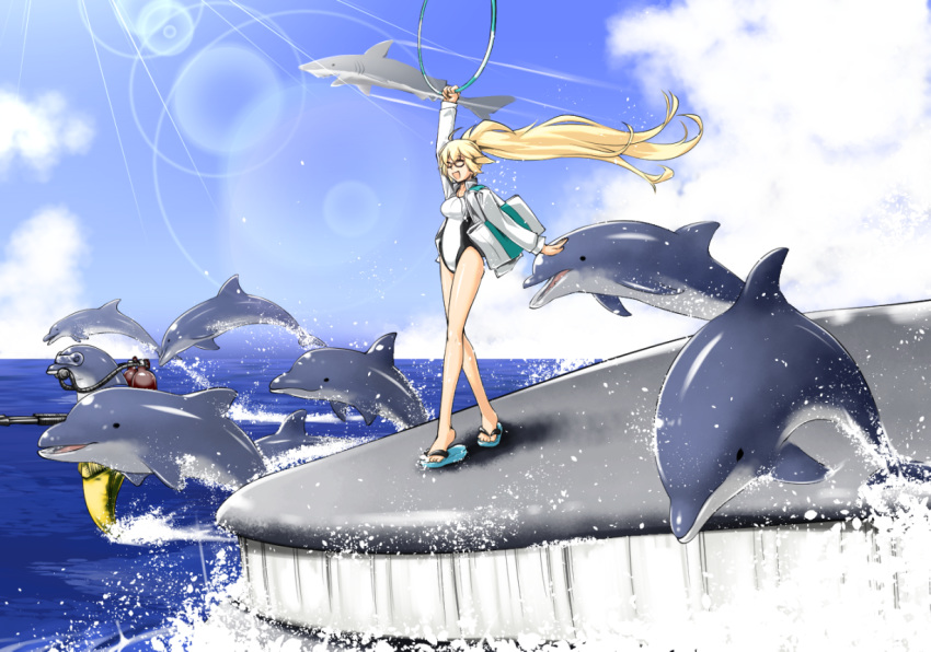 1girl black-framed_eyewear blue_sky braid commentary_request competition_swimsuit day dolphin fate/grand_order fate_(series) glasses highleg highleg_swimsuit hood hooded_jacket jacket jeanne_d'arc_(fate)_(all) jeanne_d'arc_(swimsuit_archer) long_braid long_hair long_sleeves naze_nani_karada_no_fushigi one-piece_swimsuit outdoors single_braid sky standing swimsuit takuteks whale whistle whistle_around_neck white_jacket white_swimsuit