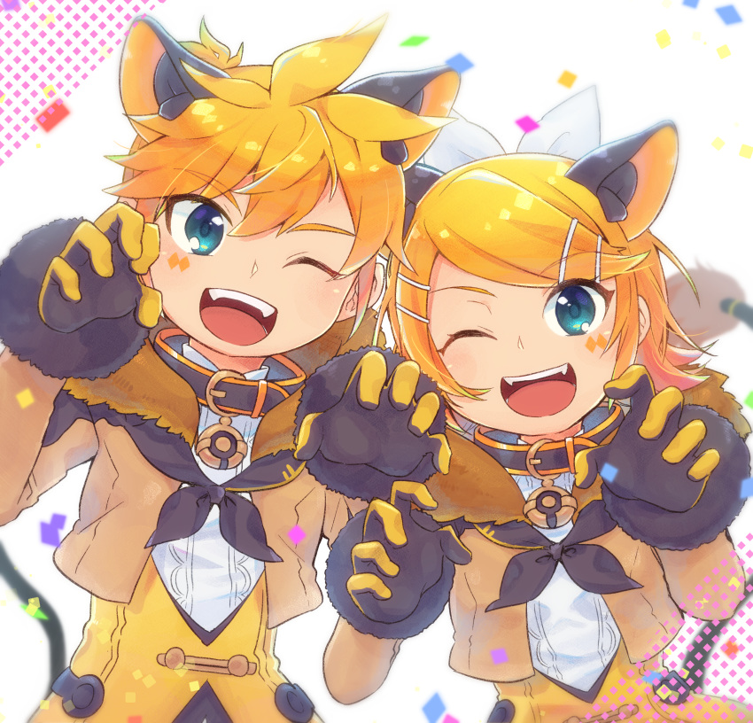 1boy 1girl ;d absurdres animal_ears blonde_hair blue_eyes brother_and_sister brown_jacket claw_pose collar cropped_jacket eyebrows_visible_through_hair facial_mark fangs fur-trimmed_gloves fur_trim gloves hair_ornament hair_ribbon hairclip highres jacket kagamine_len kagamine_rin looking_at_viewer magical_mirai_(vocaloid) one_eye_closed open_mouth reki_(arequa) ribbon short_hair siblings smile tail twins upper_body vocaloid white_ribbon