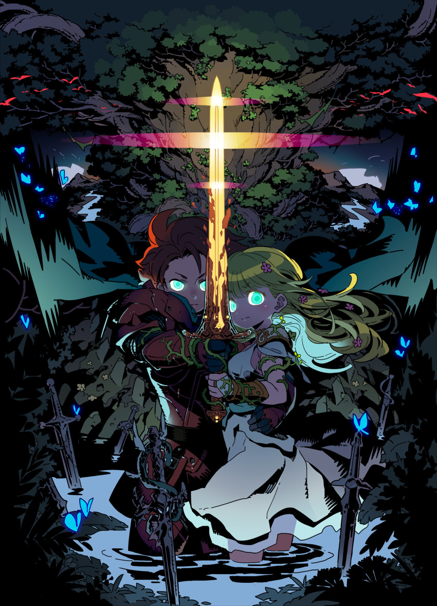 1boy 1girl absurdres aqua_eyes arm_around_waist armor blonde_hair bracer bridal_gauntlets bug butterfly cape commentary_request cowboy_shot dress flower gauntlets gloves glowing glowing_eyes glowing_sword glowing_weapon hair_flower hair_ornament hero_(sd1) heroine_(seiken_densetsu_1) highres himukai_yuuji holding holding_sword holding_weapon insect long_hair looking_at_viewer mountainous_horizon outdoors outstretched_arm plant redhead river seiken_densetsu seiken_densetsu_1 sleeveless sleeveless_dress sword vines wading water weapon white_dress white_gloves