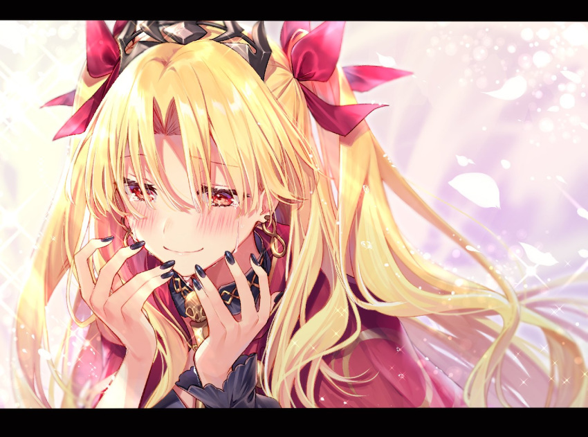 1girl backlighting bangs black_nails blonde_hair cape closed_mouth commentary_request crying crying_with_eyes_open droplet earrings ereshkigal_(fate/grand_order) eyebrows_visible_through_hair fate/grand_order fate_(series) hair_over_eyes hair_ribbon half-closed_eyes infinity jewelry letterboxed light_particles long_hair long_sleeves nail_polish parted_bangs petals red_cape red_ribbon ribbon smile solo sparkle tears tiara two_side_up yuya_(night_lily)