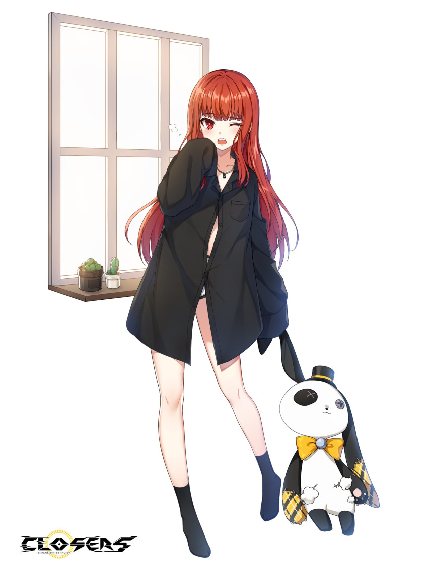 1girl ;o bare_legs black_legwear black_shirt breast_pocket closers collarbone collared_shirt doll highres holding jewelry long_hair long_sleeves looking_at_viewer necklace official_art one_eye_closed open_mouth partially_unbuttoned plant pocket potted_plant red_eyes redhead seth_(closers) shirt shorts sleeves_past_fingers sleeves_past_wrists socks solo stuffed_animal stuffed_bunny stuffed_toy white_shorts window