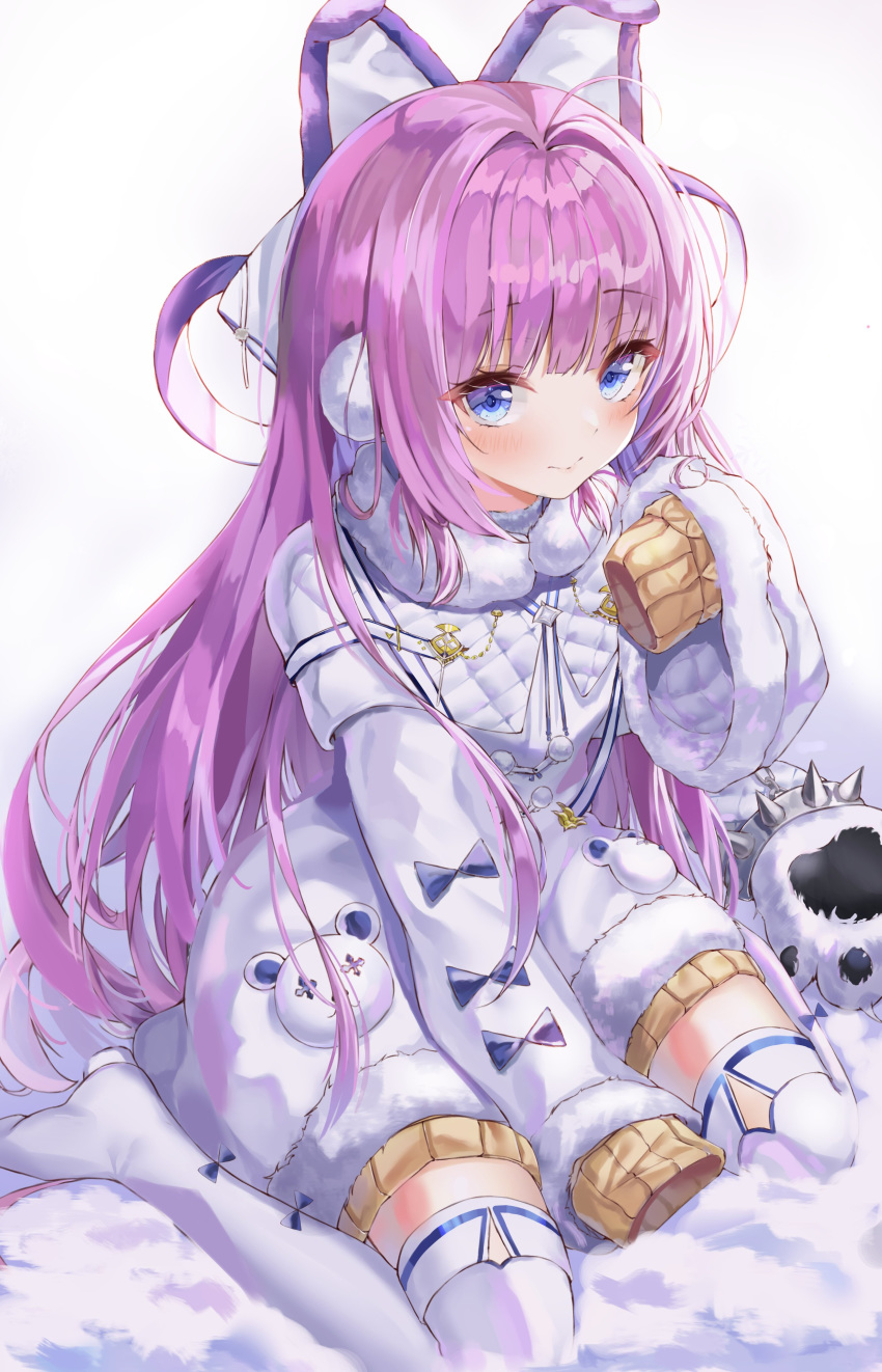 1girl absurdres animal_ears azur_lane bangs blue_eyes blush bow brown_sweater coat dress earmuffs eyebrows_visible_through_hair fake_animal_ears fur-trimmed_coat fur_trim gloves hair_intakes hair_ornament hair_ribbon hand_up highres long_hair long_sleeves looking_at_viewer lotpi no_shoes paw_gloves paws pom_pom_(clothes) purple_hair ribbon sidelocks sitting sleeves_past_fingers sleeves_past_wrists smile snow solo spikes sweater sweater_dress tashkent_(azur_lane) thigh-highs wariza white_background white_bow white_coat white_legwear wide_sleeves winter_clothes winter_coat