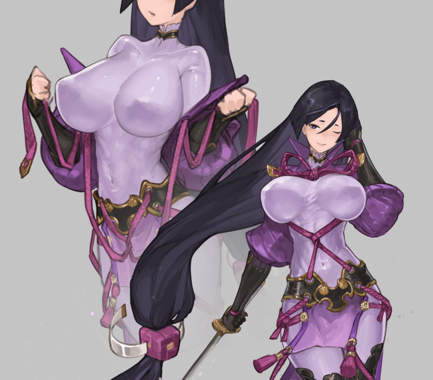 1girl abs armor black_hair blush closed_mouth covered_navel covered_nipples fate/grand_order fate_(series) grey_background highres holding holding_sword holding_weapon katana light_blush long_hair minamoto_no_raikou_(fate/grand_order) n9+ one_eye_closed purple_neckwear simple_background smile solo sweat sword toned undressing very_long_hair weapon