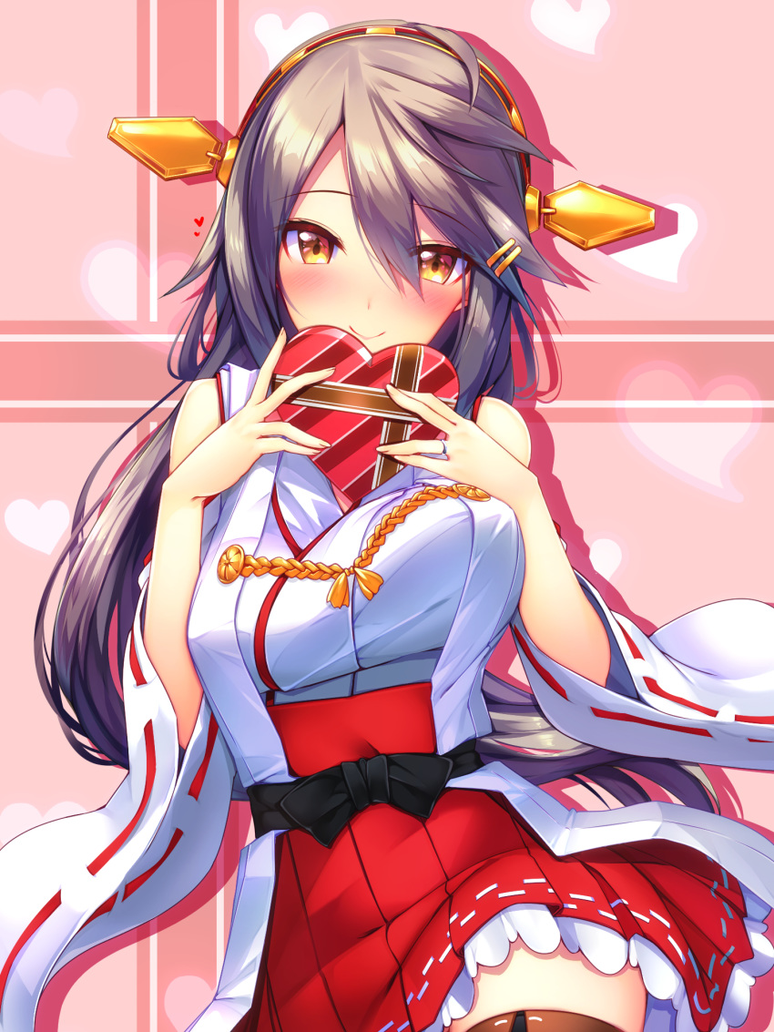 1girl black_hair blush breasts brown_eyes closed_mouth commentary_request detached_sleeves eyebrows_visible_through_hair haruna_(kantai_collection) heart highres kantai_collection large_breasts long_hair long_sleeves looking_at_viewer nontraditional_miko red_skirt skirt smile solo tsukui_kachou valentine