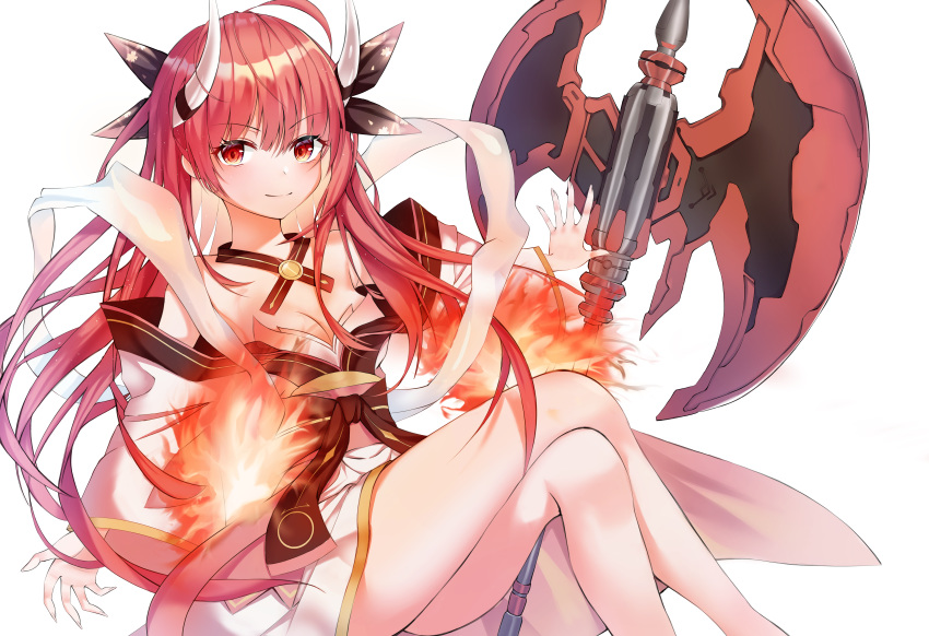 1girl absurdres axe bangs black_bow bow breasts closed_mouth crossed_legs date_a_live dress eyebrows_visible_through_hair fire floating_hair hair_between_eyes hair_bow highres horns huge_filesize itsuka_kotori long_hair looking_at_viewer off-shoulder_dress off_shoulder outstretched_arms red_eyes redhead shiny shiny_hair sitting small_breasts smile solo sparkle ttopang twintails very_long_hair white_dress