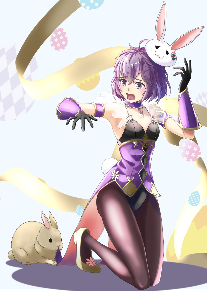 1girl absurdres alternate_costume bernadetta_von_varley breasts bunny bunny_tail bunnysuit choker easter easter_egg egg eyebrows_visible_through_hair fire_emblem fire_emblem:_three_houses flower grey_eyes gzo1206 highres nibbling open_mouth piranha_plant purple_hair rabbit scared short_hair small_breasts tagme tail