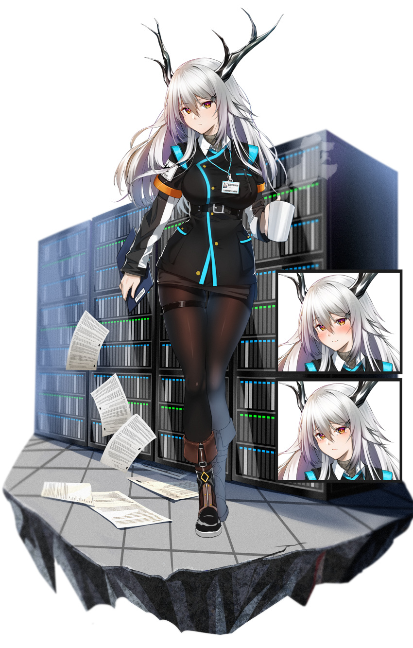 1girl arknights bishi_(bishi) black_jacket black_legwear blazer blush boots breasts brown_footwear clipboard closed_mouth coffee_mug commentary_request cup embarrassed expressionless floor grey_hair hair_between_eyes head_tilt highres holding holding_cup horns jacket large_breasts long_hair long_sleeves looking_at_viewer miniskirt mug multicolored multicolored_eyes name_tag original pantyhose paperwork pencil personification portrait server shirt skirt smile solo thigh_strap violet_eyes yellow_eyes