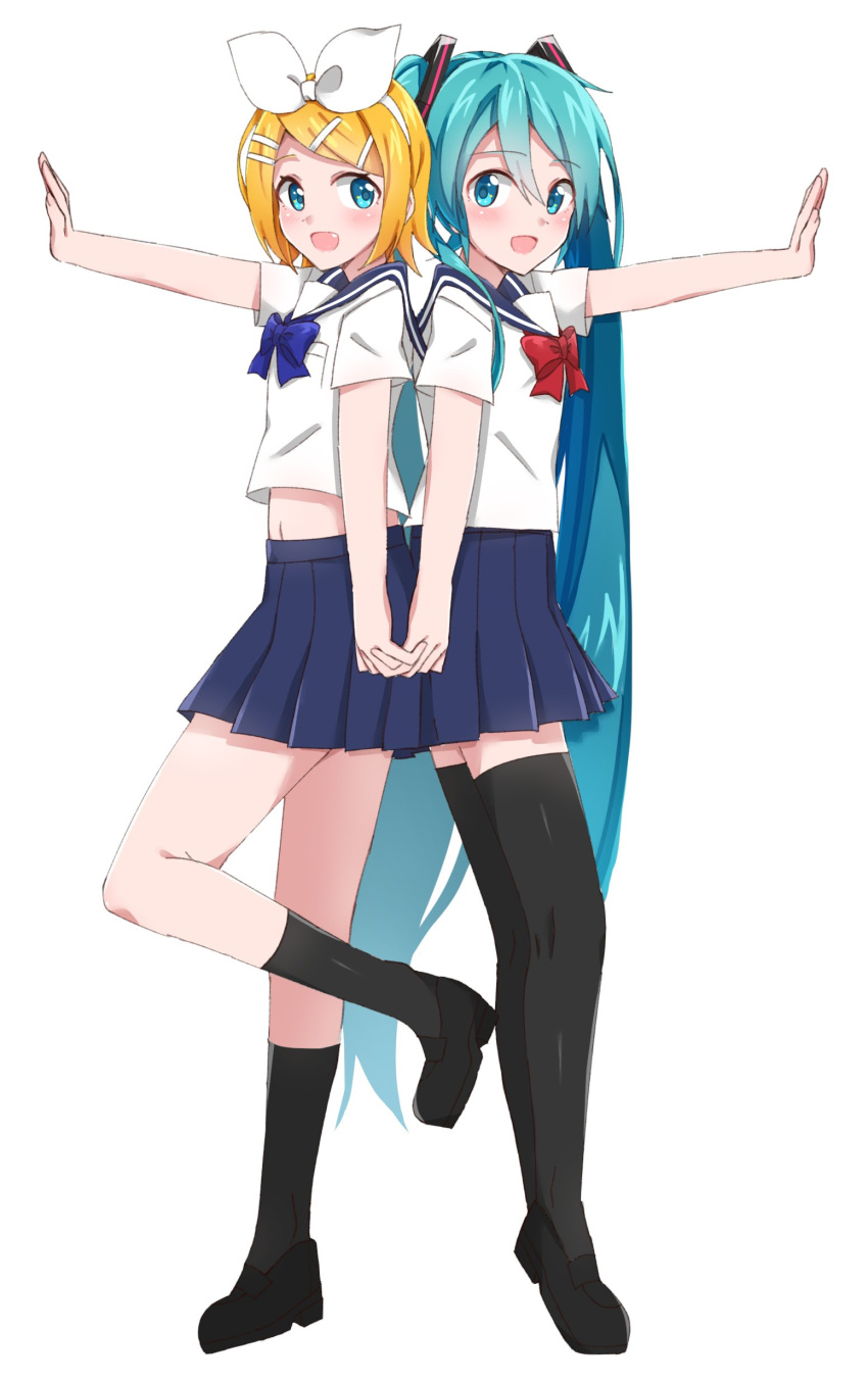 2girls absurdres aqua_eyes aqua_hair back-to-back bangs black_footwear black_legwear blonde_hair blue_collar blue_neckwear blue_skirt bow bowtie collar commentary fang full_body hair_bow hair_ornament hairclip hatsune_miku highres holding_hands kagamine_rin long_hair looking_at_viewer mary_janes midriff miniskirt multiple_girls navel open_mouth outstretched_arm pleated_skirt red_neckwear sailor_collar school_uniform serafuku shirt shoes short_hair short_sleeves skirt smile socks standing supo01 swept_bangs thigh-highs twintails very_long_hair vocaloid white_background white_bow white_shirt zettai_ryouiki