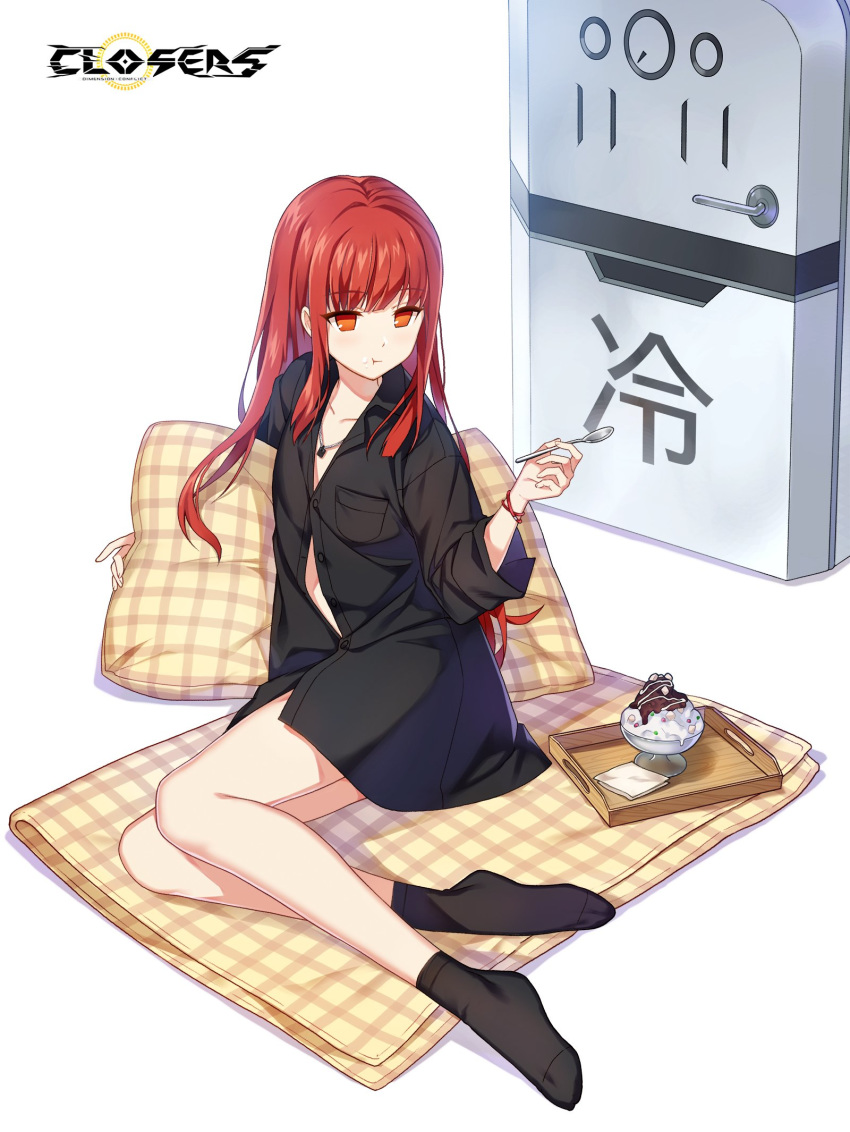 1girl :t bare_legs black_legwear black_shirt breast_pocket closers collarbone collared_shirt eating flat_chest highres holding jewelry long_hair looking_at_viewer mat necklace official_art parfait partially_unbuttoned pillow pocket red_eyes redhead shirt socks solo spoon tina_(closers)