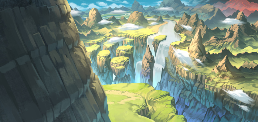 blue_sky canyon cliff clouds cloudy_sky highres mountain nagi_itsuki no_humans original outdoors pixiv_fantasia pixiv_fantasia_age_of_starlight river scenery sky water waterfall