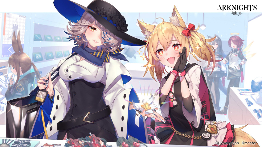 5girls absurdres amiya_(arknights) animal_ear_fluff animal_ears arknights bangs black_gloves black_hair black_jacket black_legwear blonde_hair blush bow breasts brown_hair calendar_(object) chain closed_eyes company_name copyright_name cross cross_necklace exusiai_(arknights) eyebrows_visible_through_hair fang gloves grey_hair hair_between_eyes hair_bow hair_ornament hair_over_one_eye halo hands_up hanging_light hat highres id_card jacket jewelry multiple_girls necklace official_art open_mouth orange_eyes orchid_(arknights) pantyhose ponytail rabbit_ears redhead scarf shelf short_hair smile sora_(arknights) sparkle sparkling_eyes standing texas_(arknights) thumb_ring toshi_gahara wide_sleeves yellow_eyes