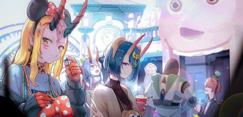 +15 2boys 3girls alien_(toy_story) alternate_costume amusement_park bangs blonde_hair blush bob_cut breasts buzz_lightyear casual coat confetti contemporary cup day disneyland earrings eating emerald_(gemstone) eyeshadow facial_mark fate/grand_order fate_(series) fuuma_kotarou_(fate/grand_order) hair_between_eyes hair_ornament hair_ribbon highres holding holding_cup horns ibaraki_douji_(fate/grand_order) jacket jewelry long_hair looking_at_viewer makeup minnie_mouse_ears multiple_boys multiple_girls oni oni_horns open_clothes open_mouth outdoors pointy_ears ponytail purple_hair red_eyes revision ribbon scarf sheriff_woody short_hair shuten_douji_(fate/grand_order) sidelocks skin-covered_horns small_breasts smile sweater tattoo tomoe_gozen_(fate/grand_order) toy_story turtleneck turtleneck_sweater v violet_eyes yellow_eyes