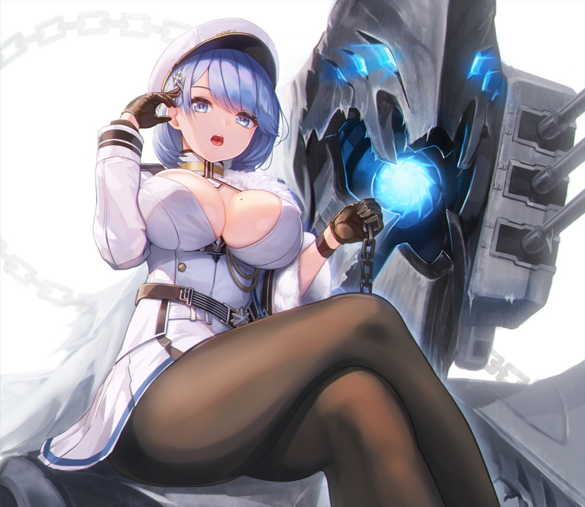 1girl azur_lane bangs belt black_gloves blue_eyes blue_hair blush breasts chain chapayev_(azur_lane) crossed_legs eyebrows_visible_through_hair gloves gradient gradient_background hair_between_eyes hair_ornament hairclip hat highres jacket large_breasts looking_at_viewer military_hat monster peaked_cap pleated_skirt pondel short_hair sitting skirt smile solo star turret two-tone_skirt white_headwear white_jacket