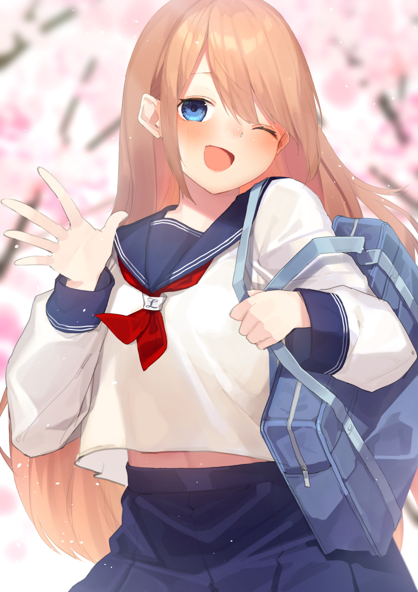 1girl ;d absurdres alternate_costume bag blancpig_yryr blue_eyes blue_skirt blush brown_hair carrying_bag cherry_blossoms highres long_hair looking_at_viewer medium_skirt neckerchief neptune_(series) one_eye_closed open_mouth outdoors pleated_skirt ram_(neptune_series) red_neckwear sailor_collar school_bag school_uniform serafuku shirt skirt smile solo very_long_hair waving white_shirt