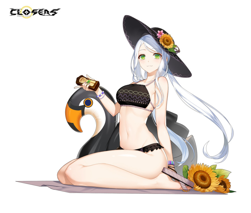 1girl :3 bare_legs bare_shoulders bead_bracelet beads bikini bikini_skirt bird black_bikini black_headwear bracelet breasts closers flower green_eyes hat hat_flower highres holding inflatable_toy jewelry long_hair looking_at_viewer lotion_bottle low_twintails medium_breasts navel official_art sandals sitting smile solo soma_(closers) stomach sun_hat sunflower swan swimsuit thighs twintails white_hair yellow_flower