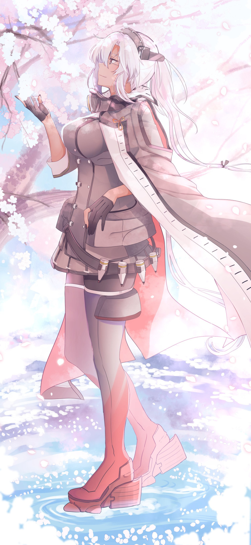 1girl absurdres bangs black_gloves black_nails breasts cape cherry_blossoms closed_mouth dark_skin double-breasted from_side glasses gloves hair_ribbon headgear highres kantai_collection large_breasts long_hair musashi_(kantai_collection) nail_polish partly_fingerless_gloves petals profile remodel_(kantai_collection) ribbon ripples solo standing tree water white_hair yunamaro