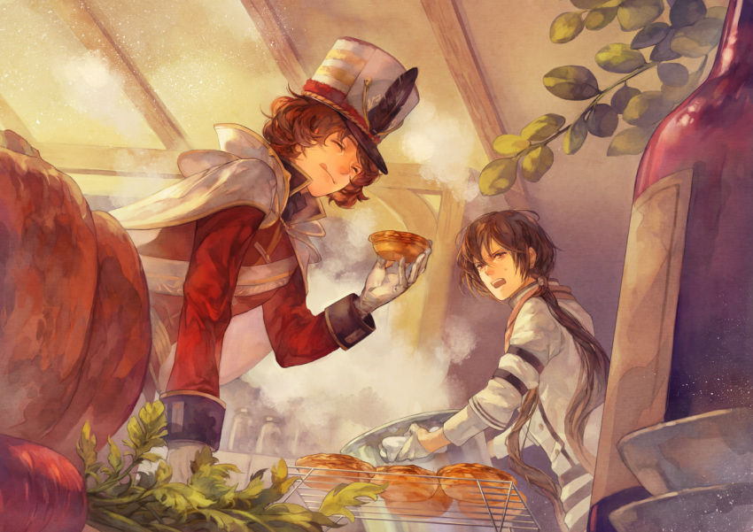 2boys brown_eyes brown_hair cape carrot chef_uniform closed_eyes eating food food_fantasy gloves hat kitchen long_hair military military_hat military_uniform multiple_boys napoleon_cake_(food_fantasy) pastel_de_nata_(food_fantasy) pastry ponytail pumpkin shako_cap short_hair uniform