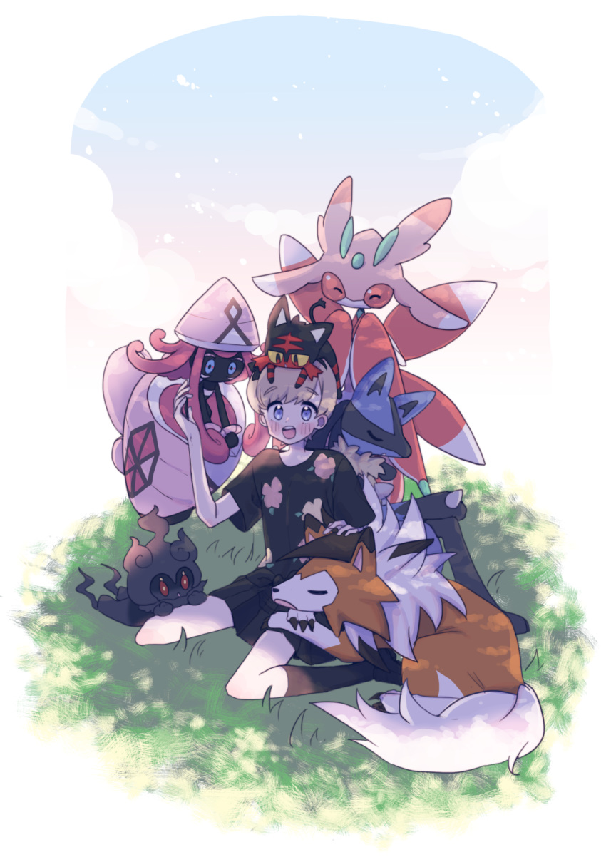 1other androgynous black_shirt black_skirt blush commentary creature english_commentary gen_4_pokemon gen_7_pokemon highres legendary_pokemon litten looking_at_viewer love-with---pizza lucario lurantis lycanroc_(dusk) marshadow marshadow_(gloom) on_head on_lap original pokemon pokemon_(creature) pokemon_on_head pokemon_on_lap shirt skirt tapu_lele