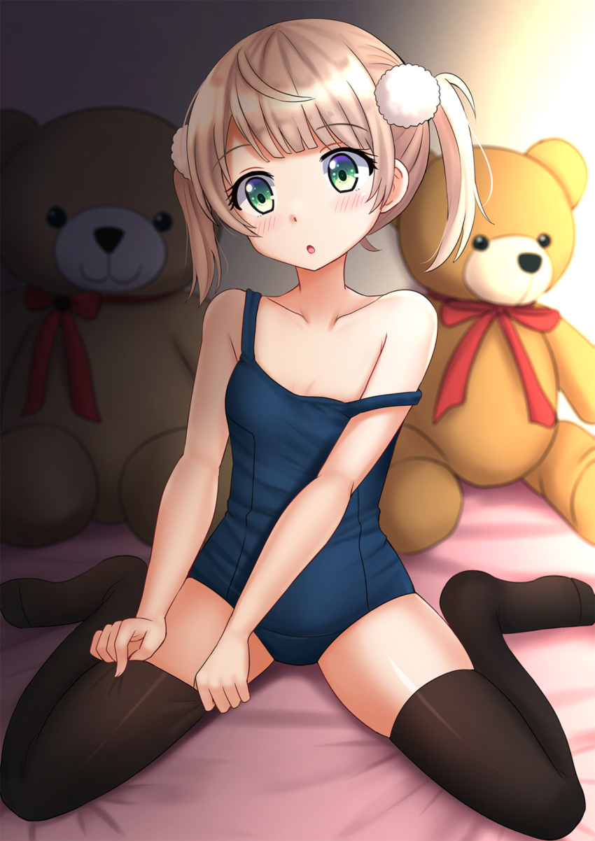 1girl :o bangs bare_arms bare_shoulders bed_sheet black_legwear blue_swimsuit blush bow breasts collarbone commentary eyebrows_visible_through_hair green_eyes hair_ornament highres kazenokaze light_brown_hair no_shoes one-piece_swimsuit parted_lips red_bow red_ribbon ribbon shigure_ui_(channel) shigure_ui_(vtuber) short_hair sitting skindentation small_breasts solo strap_slip stuffed_animal stuffed_toy swimsuit teddy_bear thigh-highs thighhighs_pull twintails virtual_youtuber wariza