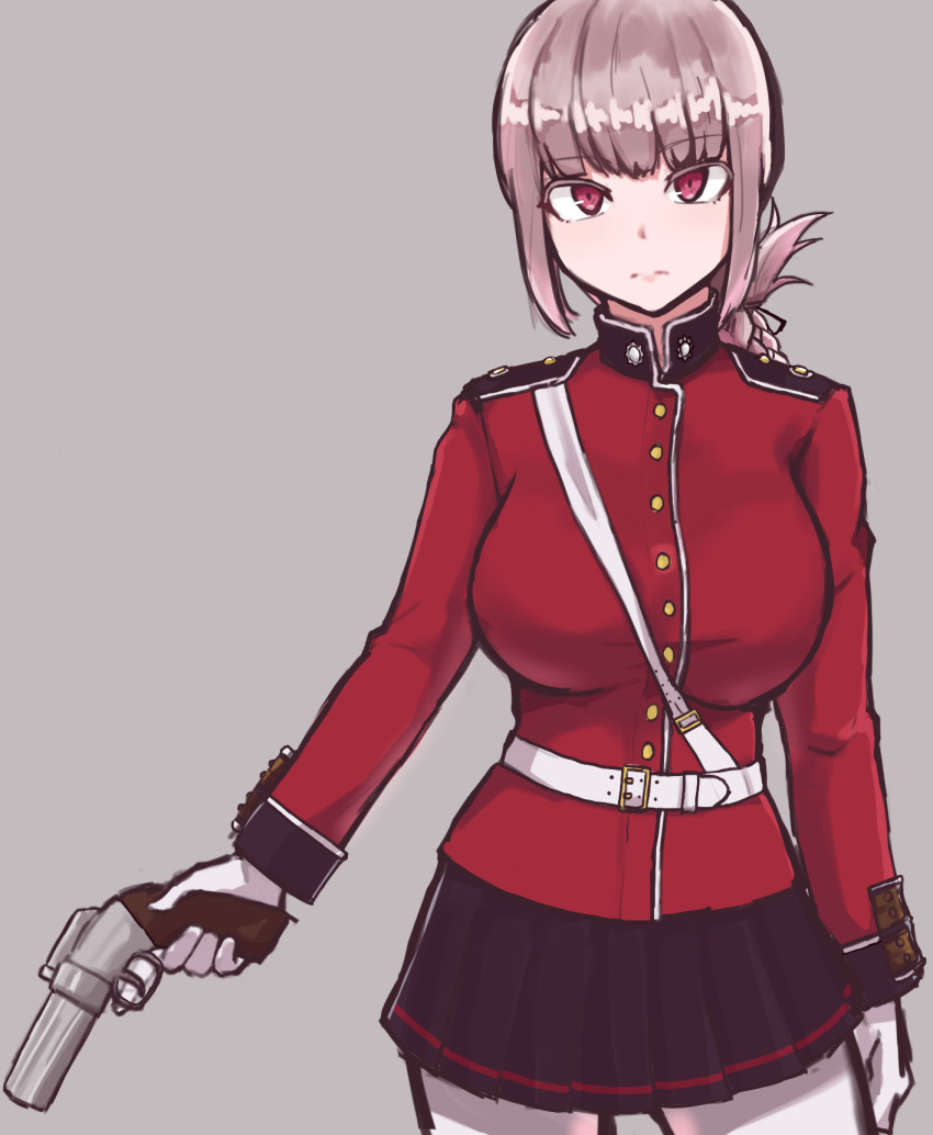 1girl between_breasts braid breasts calendarv cowboy_shot fate/grand_order fate_(series) florence_nightingale_(fate/grand_order) gloves gun handgun highres holding holding_gun holding_weapon large_breasts long_hair looking_at_viewer military military_uniform pantyhose pink_hair pistol red_eyes skirt solo strap_between_breasts uniform weapon white_gloves white_legwear