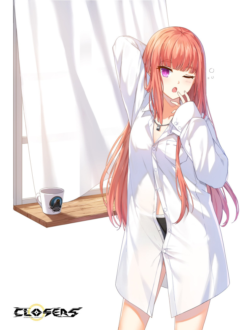 1girl ;o arm_behind_head arm_up black_shorts breast_pocket closers collared_shirt cup curtains hand_up highres jewelry long_hair long_sleeves looking_at_viewer luna_aegis_(closers) mug necklace official_art one_eye_closed open_mouth partially_unbuttoned pocket redhead shirt short_shorts shorts solo violet_eyes white_shirt window
