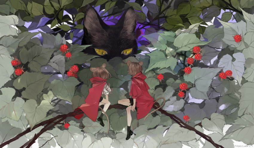 2girls animal animal_ears artist_name black_cat black_footwear black_shorts brown_hair cape cat coat commentary_request facing_away food from_behind fruit hood hood_down leaf long_hair minigirl mixed-language_commentary mouse_ears mouse_girl mouse_tail multiple_girls nekosuke_(oxo) original plant puffy_short_sleeves puffy_sleeves raspberry red_cape red_coat short_sleeves shorts sitting socks tail